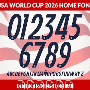 May include: A navy blue font set for the USA World Cup 2026, featuring numbers 0-9 and the alphabet. The font is displayed against a backdrop of red and white stripes, with file type icons at the bottom.
