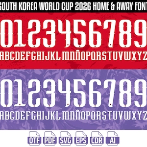 Puede incluir: Gráfico digital que muestra la fuente de casa y visitante de la Copa Mundial de Corea del Sur 2026. Los números y letras blancos se muestran sobre fondos rojos y morados. Incluye iconos de tipo de archivo OTF, PDF, SVG, EPS, CDR y AI.