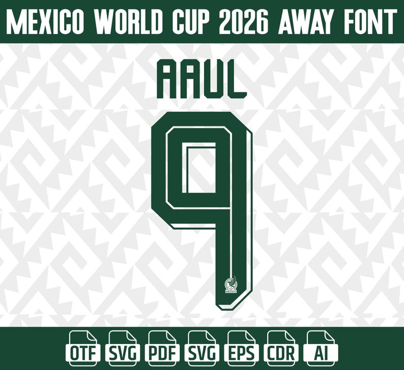 May include: Dark green jersey font with the name "RAUL" and the number "9" for the Mexico World Cup 2026. The font is outlined in white. The image also includes file type icons.