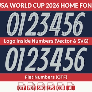 May include: A navy blue graphic with the text "USA WORLD CUP 2026 HOME FONT" and the numbers 0123456 in a white, stylized font. Below, the text "Logo inside Numbers (Vector & SVG)" is displayed. The bottom section repeats the numbers and text "Flat Numbers (OTF)".