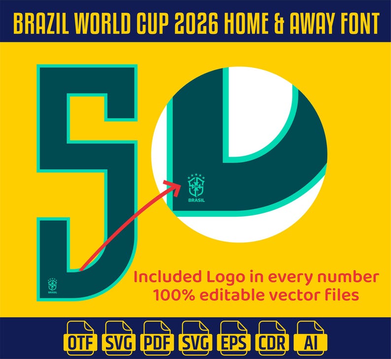 May include: A digital graphic design featuring the number "50" in teal, set against a yellow background. The design includes the text "BRAZIL WORLD CUP 2026 HOME & AWAY FONT" and "Included Logo in every number 100% editable vector files".