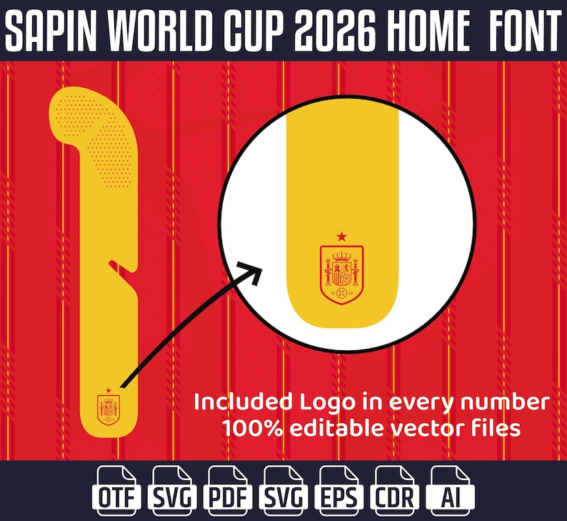 Op de afbeelding: Grafisch ontwerp voor een voetbalshirtlettertype, met een gele letter met het Spaanse wapen op een rode achtergrond. De tekst luidt "SAPIN WORLD CUP 2026 HOME FONT" en "Included Logo in every number 100% editable vector files."