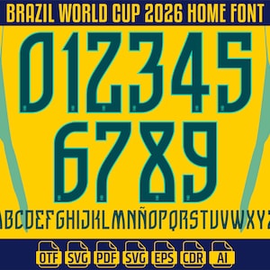 May include: A digital graphic showcasing the Brazil World Cup 2026 Home Font. The design includes the numbers 0 to 9 in teal, alongside the alphabet. The background is yellow with teal accents and a navy blue banner at the bottom.
