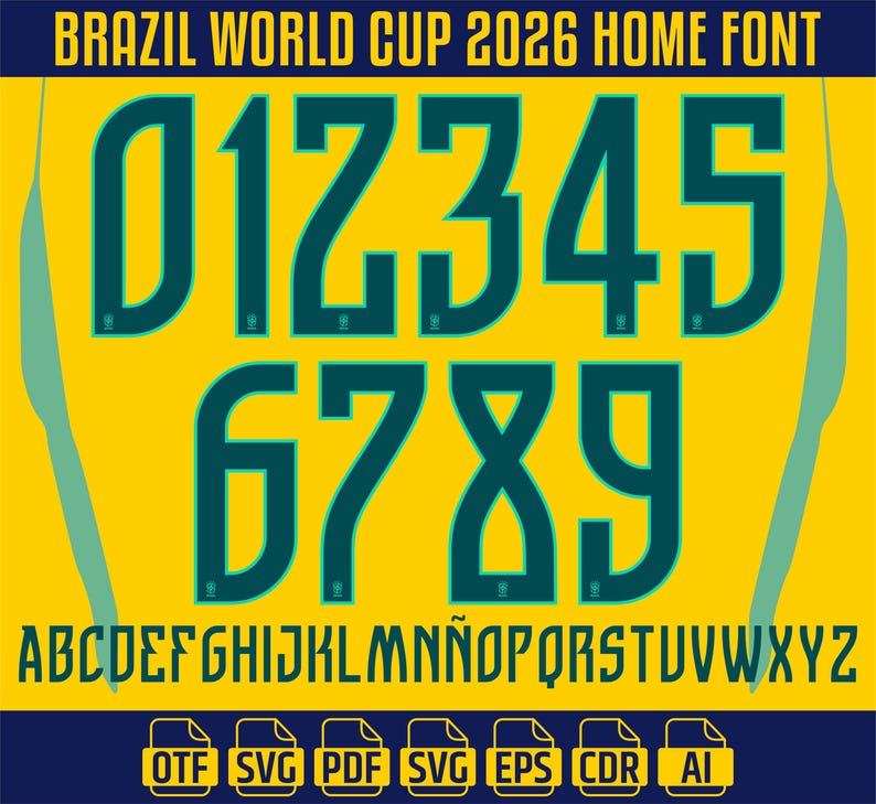 May include: A digital graphic showcasing the Brazil World Cup 2026 Home Font. The design includes the numbers 0 to 9 in teal, alongside the alphabet. The background is yellow with teal accents and a navy blue banner at the bottom.