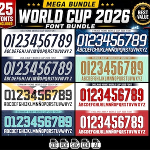Peut inclure: Visuel publicitaire pour un "MEGA BUNDLE" de 25 polices de caractères pour la Coupe du Monde 2026. Le design présente des exemples de polices pour les États-Unis, la France, l'Allemagne et l'Angleterre, avec des variantes domicile et extérieur.