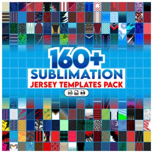 Può includere: Una griglia di modelli di maglie in vari design e colori, tra cui rosso, blu, nero e verde. L'immagine presenta il testo "160+ Sublimation Jersey Templates Pack" con icone di tipo di file.