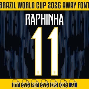 May include: Digital design for a Brazil football jersey, displaying the name "RAPHINHA" and the number "11" in white with yellow edging. The jersey design is set against a dark blue background with a textured pattern. The top banner reads "BRAZIL WORLD CUP 2026 AWAY FONT".