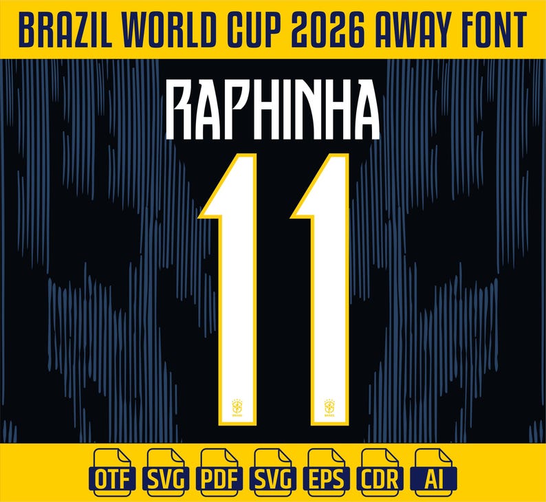 May include: Digital design for a Brazil football jersey, displaying the name "RAPHINHA" and the number "11" in white with yellow edging. The jersey design is set against a dark blue background with a textured pattern. The top banner reads "BRAZIL WORLD CUP 2026 AWAY FONT".