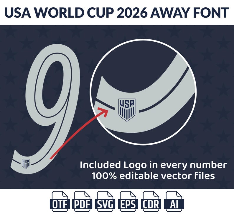 May include: A digital graphic design for the USA World Cup 2026 Away Font. The design features the number 9 in a light gray color, with the USA logo incorporated. The text states "Included Logo in every number" and "100% editable vector files."