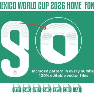 May include: White number '90' font design for the Mexico World Cup 2026, with a dotted pattern. The text 'MEXICO WORLD CUP 2026 HOME FONT' is at the top. Includes editable vector files in various formats.