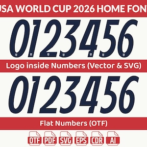 May include: A digital graphic featuring the numbers 0 through 6 in a navy blue font, with a small logo inside each number. The text "USA WORLD CUP 2026 HOME FONT" is at the top. Below, it says "Logo inside Numbers (Vector & SVG)" and "Flat Numbers (OTF)".