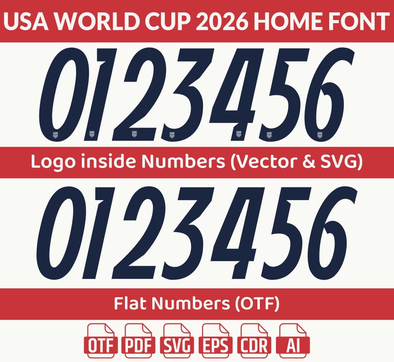 May include: A digital graphic featuring the numbers 0 through 6 in a navy blue font, with a small logo inside each number. The text "USA WORLD CUP 2026 HOME FONT" is at the top. Below, it says "Logo inside Numbers (Vector & SVG)" and "Flat Numbers (OTF)".