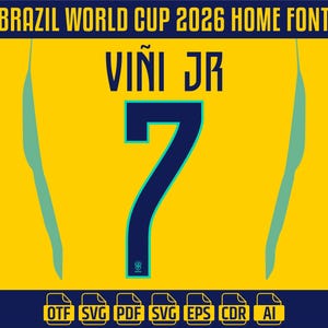 May include: A yellow graphic design with the text "BRAZIL WORLD CUP 2026 HOME FONT" and the name "VINI JR" above the number "7". The number is dark blue with a light blue outline. Below are file type icons: OTF, SVG, PDF, SVG, EPS, CDR, and AI.
