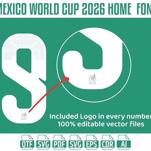 May include: A teal graphic with the text "MEXICO WORLD CUP 2026 HOME FONT". The image features the numbers "90" in white, with the Mexican national team logo. Text below reads "Included Logo in every number 100% editable vector files".