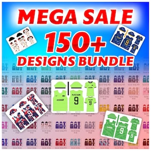 Könnte beinhalten: Werbebild mit dem Text "MEGA SALE" und "150+ DESIGNS BUNDLE" in Rot. Das Bild zeigt verschiedene Fußballtrikot-Designs, darunter grüne, blaue und rote Trikots mit der Nummer 9 und Platz für den Spielernamen. Der Hintergrund ist ein Blauton.