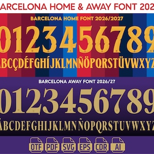 Puede incluir: Un conjunto de fuentes digitales titulado BARCELONA HOME & AWAY FONT 2027. La sección superior muestra números 0-9 y letras A-Z amarillas sobre un fondo de rayas rojas y azules. La sección inferior muestra números y letras dorados sobre un fondo morado.