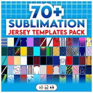 May include: A blue graphic with the text "70+ Sublimation Jersey Templates Pack" in white and red. The image shows a grid of jersey design templates in various colours and patterns, including stripes, geometric shapes, and abstract designs.