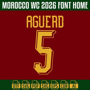 Puede incluir: Un gr&aacute;fico digital que presenta el texto MOROCCO WC 2026 FONT HOME en la parte superior, con el nombre AGUERD y el n&uacute;mero 5 en una fuente dorada de estilo bloque centrados sobre un fondo rojo oscuro. Siete iconos de formato est&aacute;n abajo.