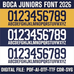Peut inclure: Un fichier numérique présentant la police "Boca Juniors Font 2026". La conception présente des chiffres et des lettres blancs et gras, sur des fonds dorés, bleu marine et blancs. Le fichier comprend les chiffres 0-9 et l'alphabet. Le bas de l'image indique "DIGITAL FILE: PDF-AI-OTF-TTF CDR-SVG."