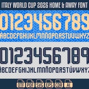 Könnte beinhalten: Digitalgrafik mit zwei Schriftarten für die Italienische Weltmeisterschaft 2026. Der obere Satz ist hellbraun, mit Zahlen und dem Alphabet. Der untere Satz ist dunkelblau, ebenfalls mit Zahlen und dem Alphabet.