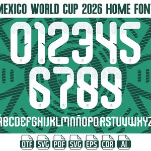 May include: White numbers and letters from 0-9 and A-Z, plus &Ntilde;, in a sports font, with a textured pattern, set against a green background. The text "MEXICO WORLD CUP 2026 HOME FONT" is at the top. Includes file type icons.