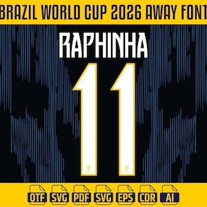 May include: Digital design for a Brazil football jersey, displaying the name "RAPHINHA" and the number "11" in white with yellow edging. The jersey design is set against a dark blue background with a textured pattern. The top banner reads "BRAZIL WORLD CUP 2026 AWAY FONT".