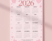 Editable 2026 Year Calendar Canva Template, Pink Cute Year-at-a-Glance Printable, Kawaii Hearts Floral Calendar Poster, Digital Download