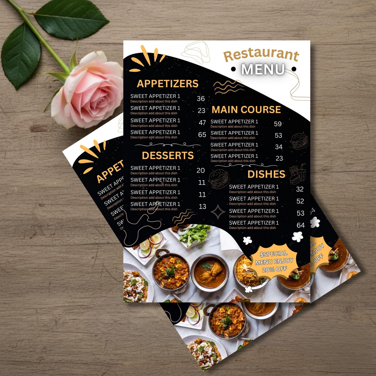Restaurant Menu Template Editable Canva, Dark Modern Food Menu Design ...