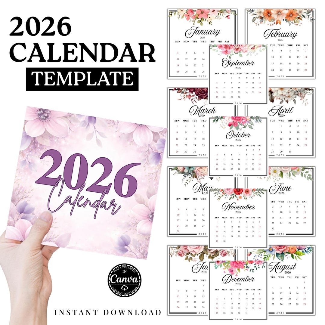 2026 Watercolor Floral Calendar Printable Landscape Horizontal US ...