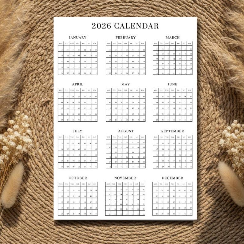 Editable 2026 Year at a Glance Printable, One Page Yearly Calendar ...