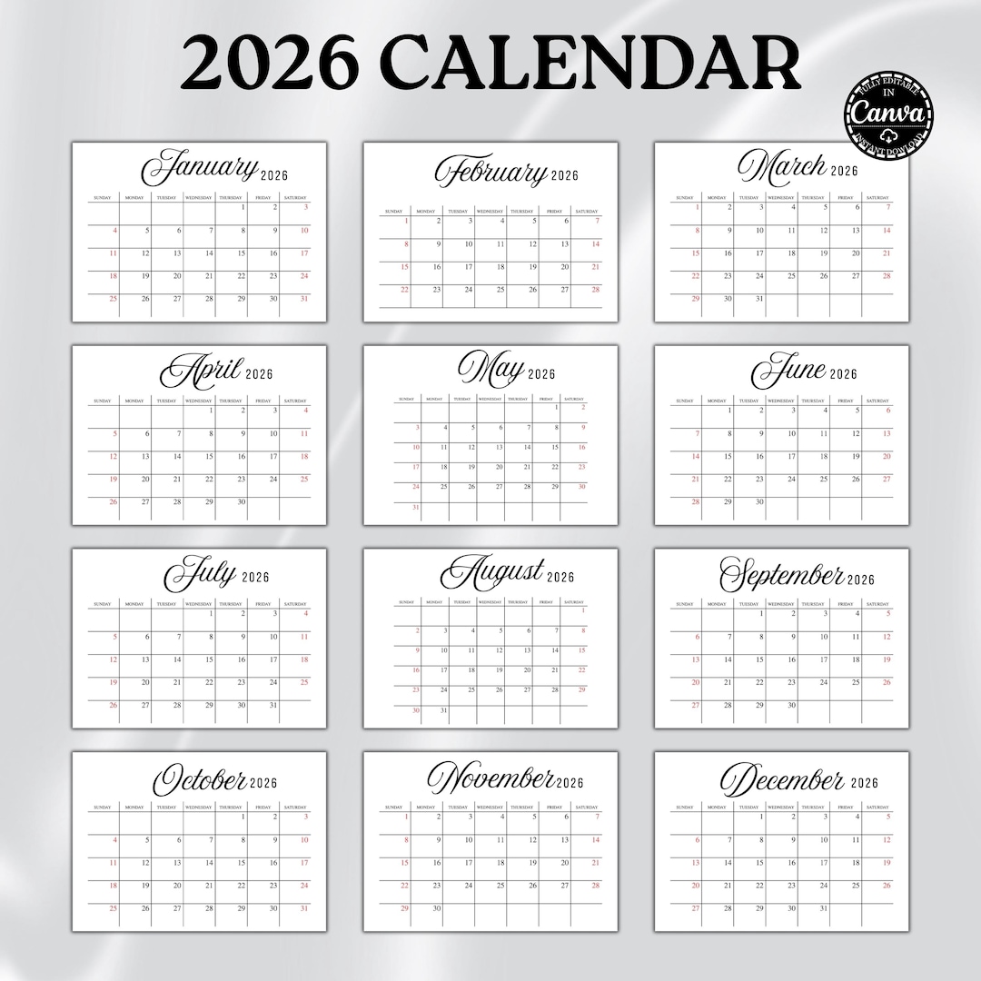 Editable 2026 Calendar Template, Printable 12 Month Monthly Calendar ...