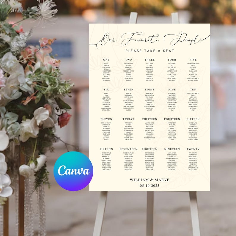 Editable Seating Chart Cards: White Table Numbers, Guest Names (canva ...