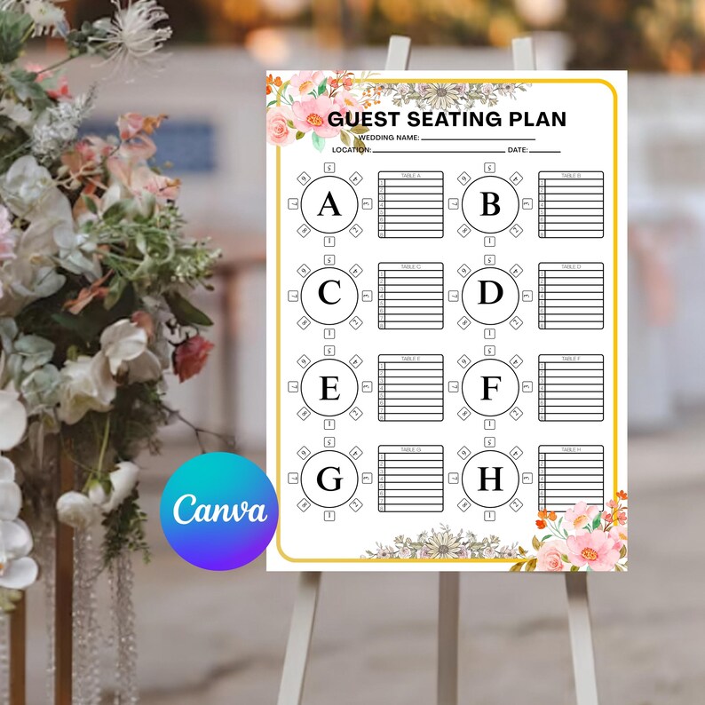Round Table Plan Sign Modern Floral Wedding Seating Chart Template, Editable Reception Table ...
