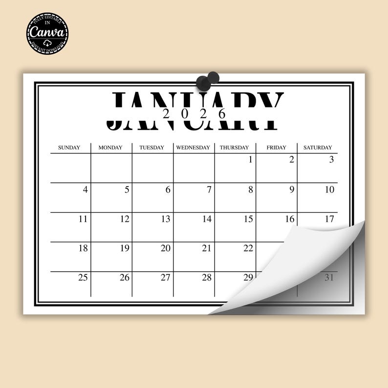 January Calendar Printable 2026 Canva Editable Monthly Planner Template ...