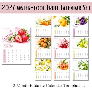 Op de afbeelding: Een 2027 Water-cool Fruit kalenderset met 12 maandpagina's met aquarelillustraties van fruit zoals aardbeien, sinaasappels, mango's, druiven, kersen, peren, citroenen, perziken en appels, voorzien van bewerkbare kalenderroosters per maand.