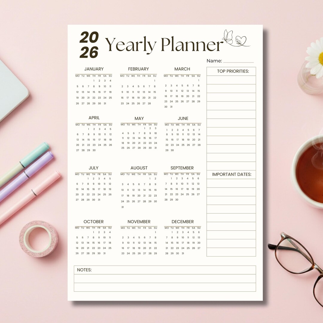 2026 Yearly Planner Printable Minimalist One Page Calendar Aesthetic ...