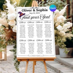 Puede incluir: Un plano de asientos de boda blanco sobre un caballete de madera. Muestra los nombres de los invitados por mesa, con los nombres "Oliver & Sophia" y "Find your Seat". La fecha "Sep 19, 2025" también está presente.