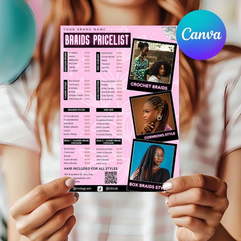 Editable Braids Price List Template: Canva Salon Menu Design - Etsy