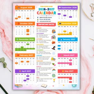 May include: A 2026-2027 school calendar featuring monthly grids from August 2026 to May 2027. The document includes a section for important dates, contact information, and colorful icons like books, leaves, and stars, all set against a light background.