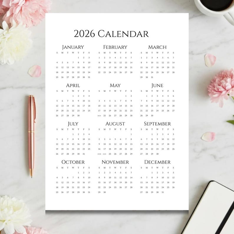 2026 Year at a Glance Calendar Printable, Minimalist One Page Wall ...