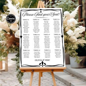 Könnte beinhalten: Ein Hochzeits-Sitzplan auf einer Staffelei. Das weiße Schild mit schwarzem Rahmen zeigt die Namen der Gäste nach Tischnummer unter der Überschrift "Please Find Your Seat!". Das Design umfasst florale Elemente und die Namen "Olivia & Eric".
