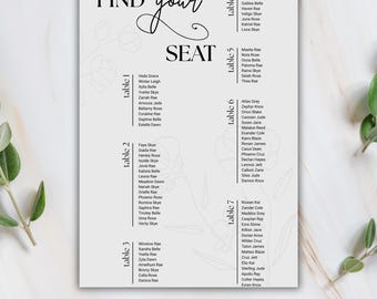 編集可能な結婚式席次表テンプレート（Canva）、ミニマルな席案内サイン、エレガントなテーブルプラン印刷可能な披露宴席次表ポスター