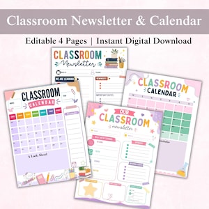 Puede incluir: Un conjunto de cuatro plantillas editables de boletines y calendarios escolares con encabezados coloridos, diseños de cuadrícula y secciones para recordatorios, fechas y objetivos. Los diseños incluyen ilustraciones de libros, lápices y estrellas con el texto Classroom Newsletter, Classroom Calendar y Our Classroom Newsletter.