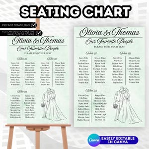 Puede incluir: Un plano de asientos de boda con los nombres de los invitados organizados por mesa. El diseño incluye una escritura elegante y una simple ilustración de una novia y un novio. La tabla es fácilmente editable en Canva.