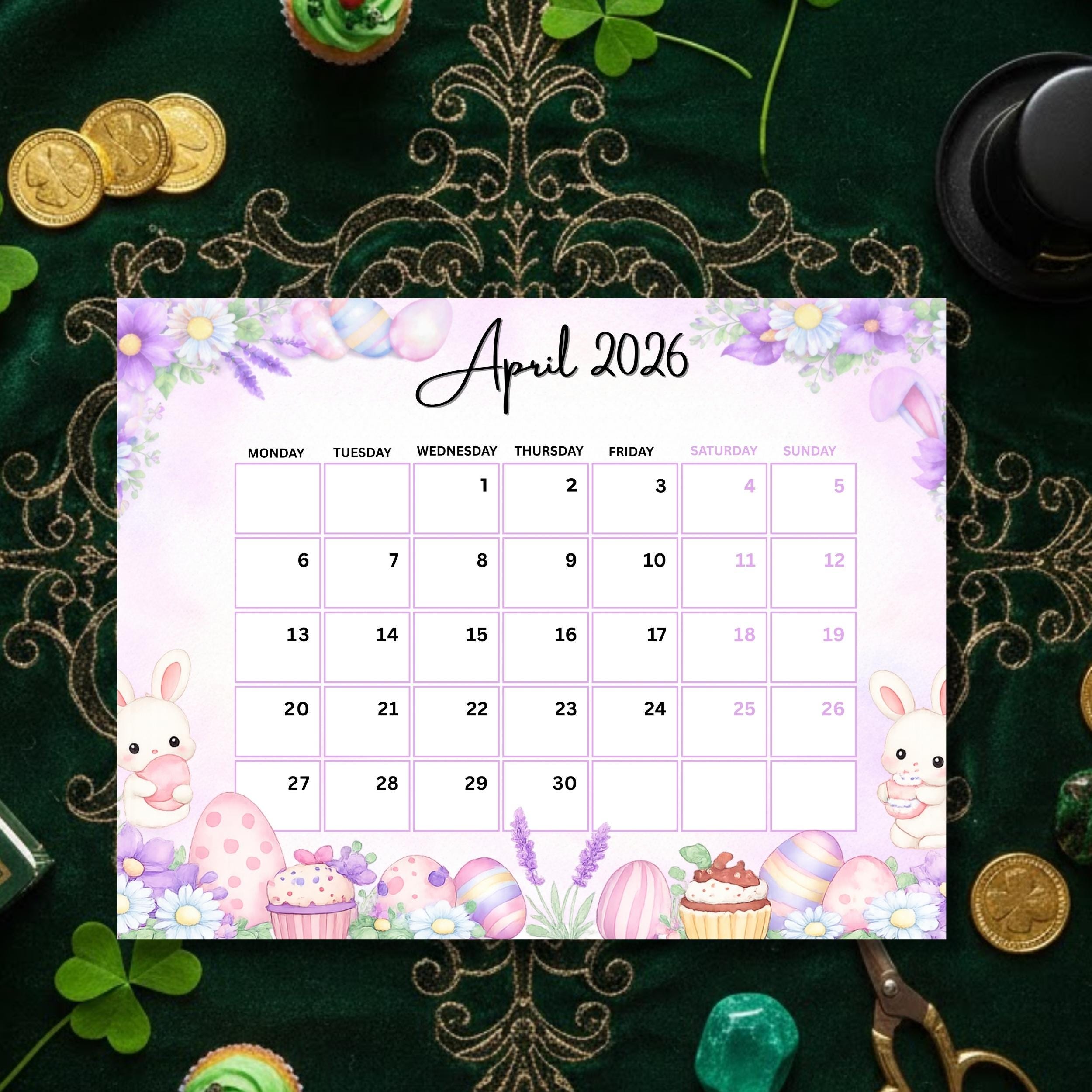 Editable April 2026 Calendar, Happy Easter Bunny Printable Planner ...