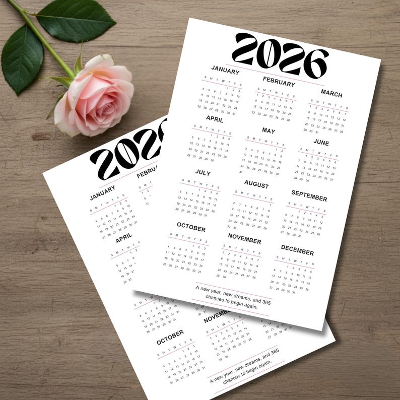 2026 Year at a Glance Calendar Printable, Minimalist One Page Wall ...