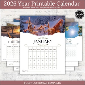 Redigerbar utskrivbar kalender 2026 i Canva-mall, månatliga fotokalendersidor med anteckningssektion, ren väggkalender, direktnedladdning
