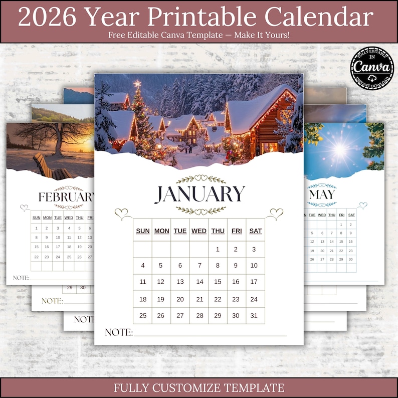 Editable 2026 Printable Calendar Canva Template, Monthly Photo Calendar ...