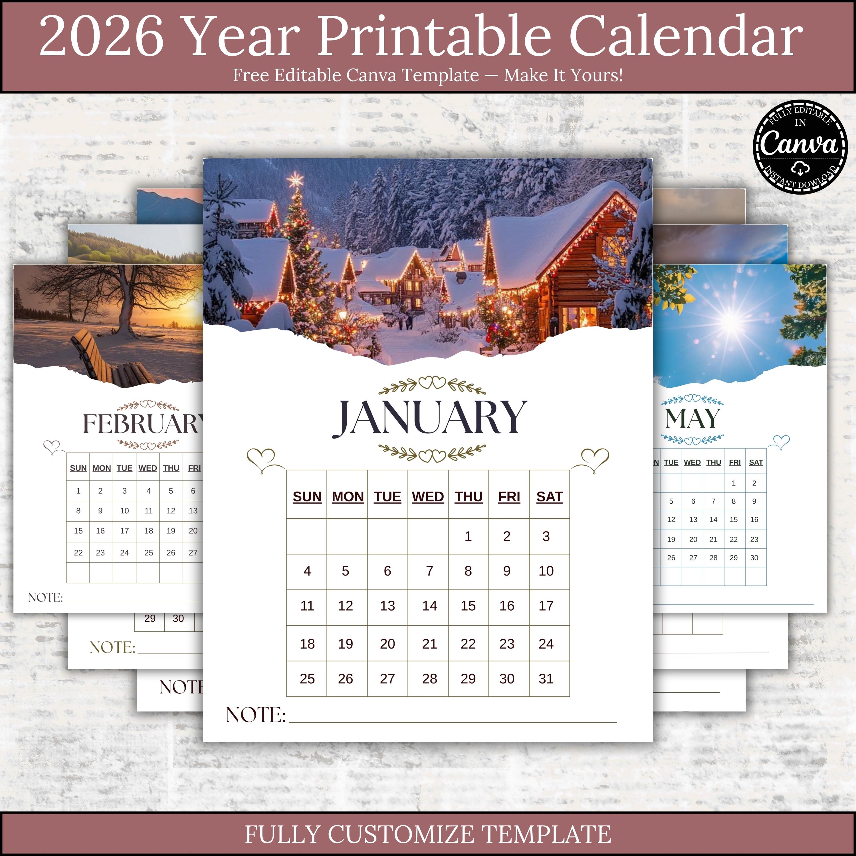 Editable 2026 Printable Calendar Canva Template, Monthly Photo Calendar ...