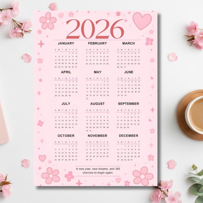 Editable 2026 Year Calendar Canva Template, Pink Cute Year-at-a-glance ...